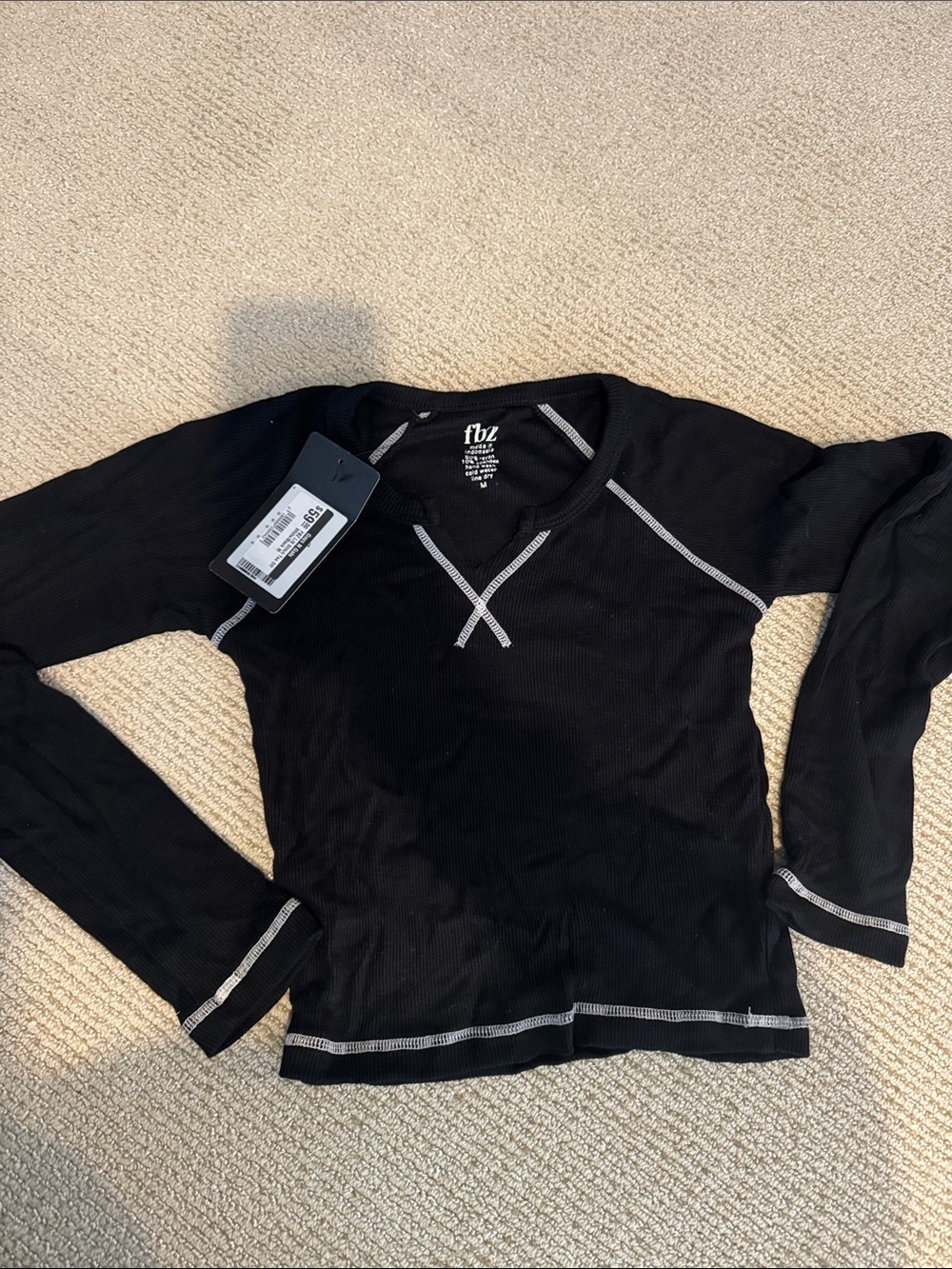 Girls' Black Long Sleeve Thermal Tee with Contrast Stitching